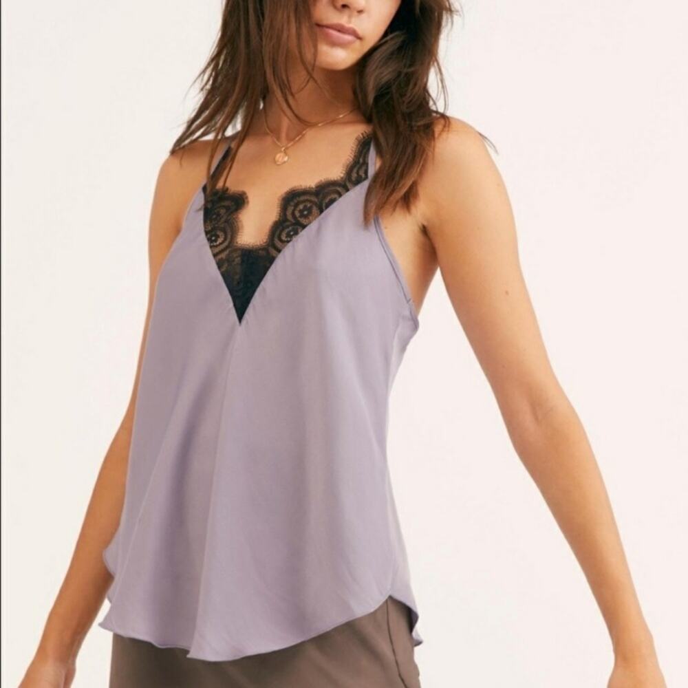 Free People Starlight Cami Silver Mauve black lace
